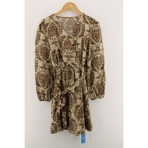 NEW Paisley Damask Mini Dress Cupshe Belted Brown Long‎ Sleeve V Neck M